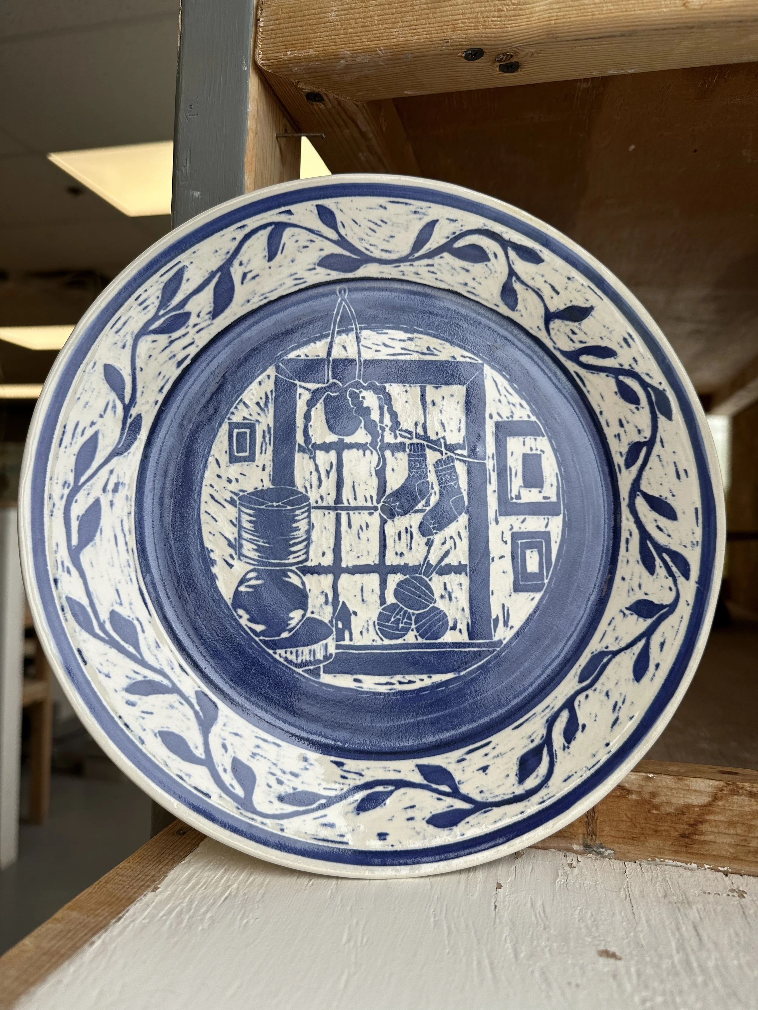 Carved Ceramic Wall Hanging Plate: Sock Knitting