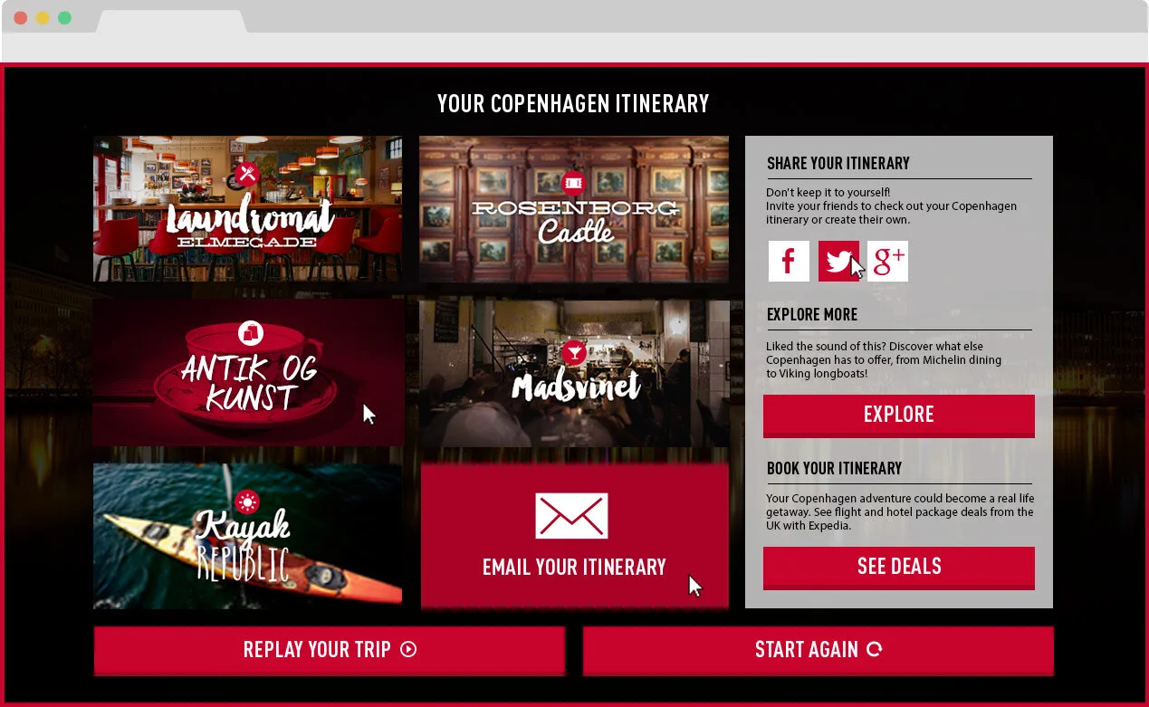 At the end of the experience, we gave the viewer an itinerary of everything they selected during the film which they could research further. You could email yourself the itinerary and forward on to others or go ahead and book a trip there and then.
