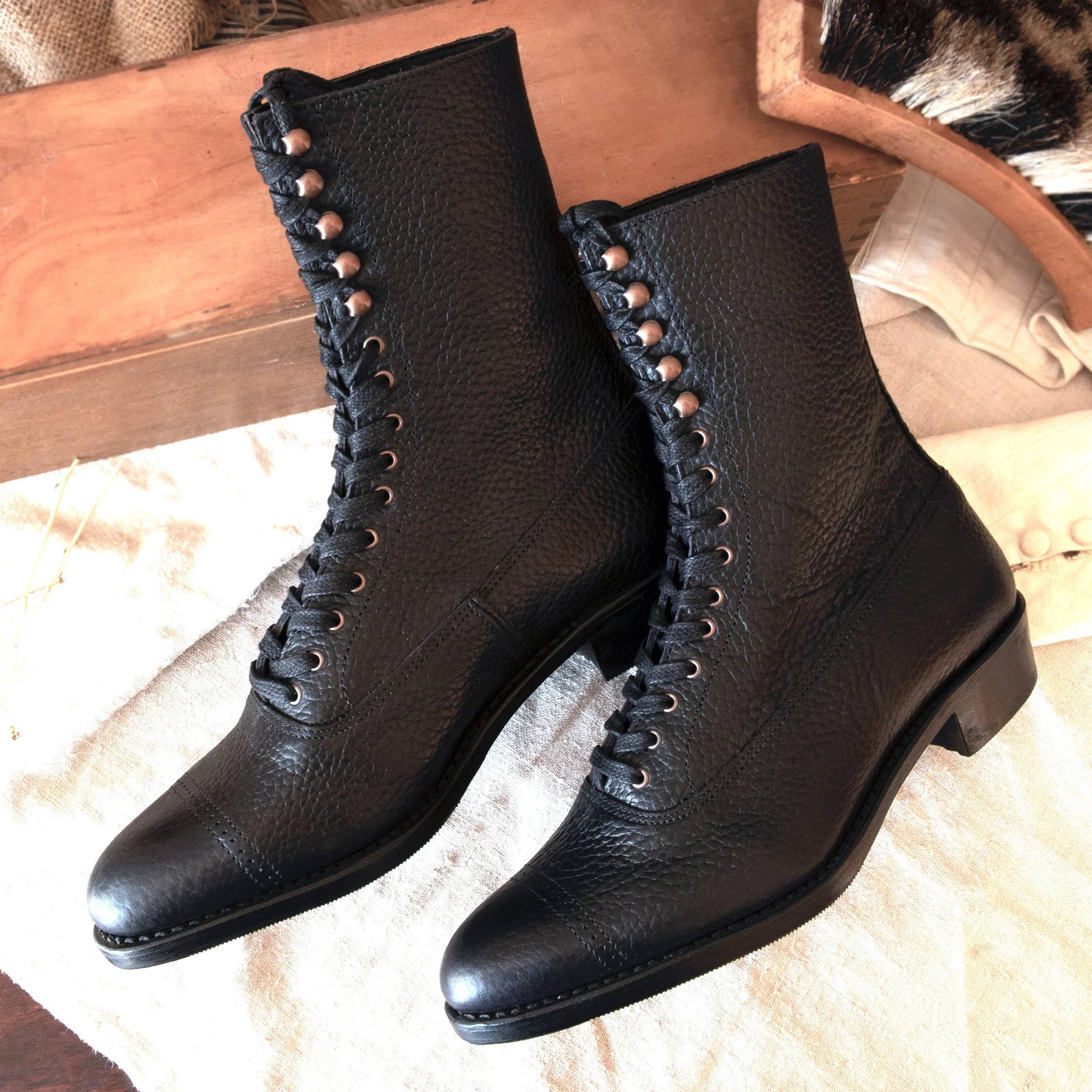 Made to order Black Stamped Edwardian Pointy toe Lace up Boots