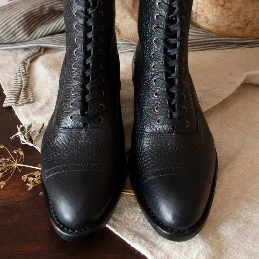 Made to order Black Stamped Edwardian Pointy toe Lace up Boots