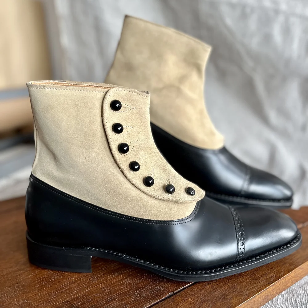 princess polly baby blue dress Black Leather and Beige Suede Victorian Men's Button Boots — JoBear.Boots