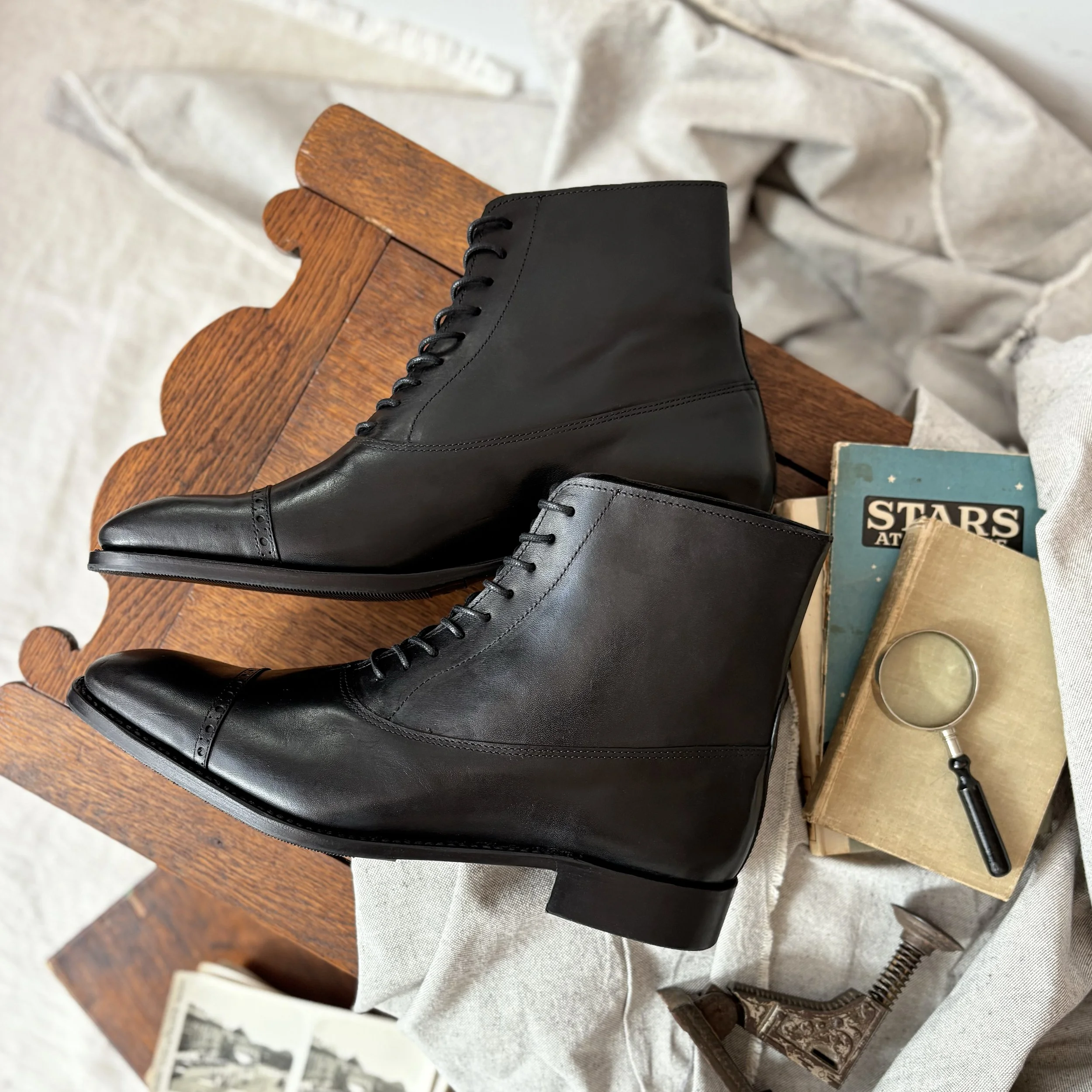 Black Leather Victorian Balmoral Lace Up Boots