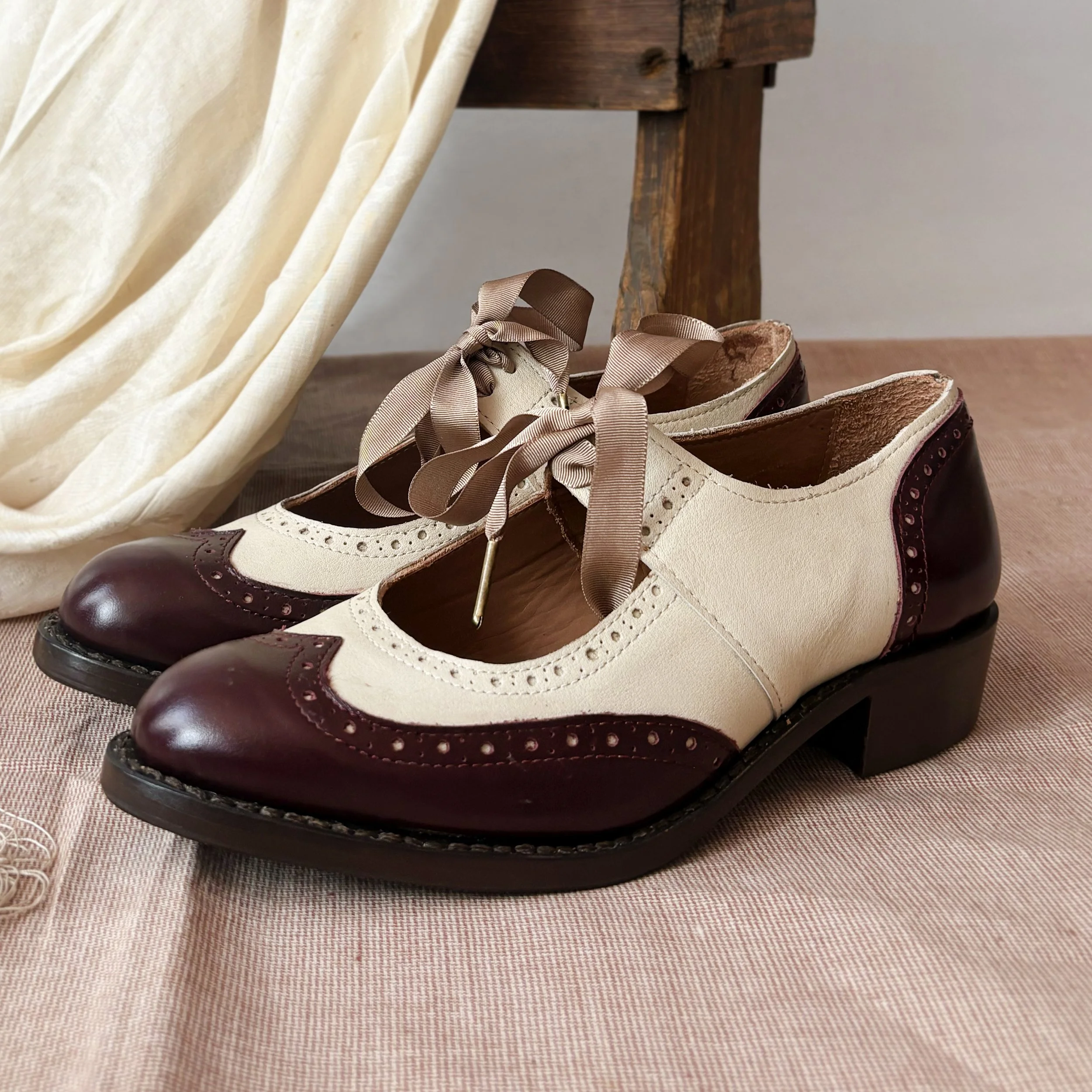 Two-Tone 1930s Mary Janes in Bordeaux & Stone