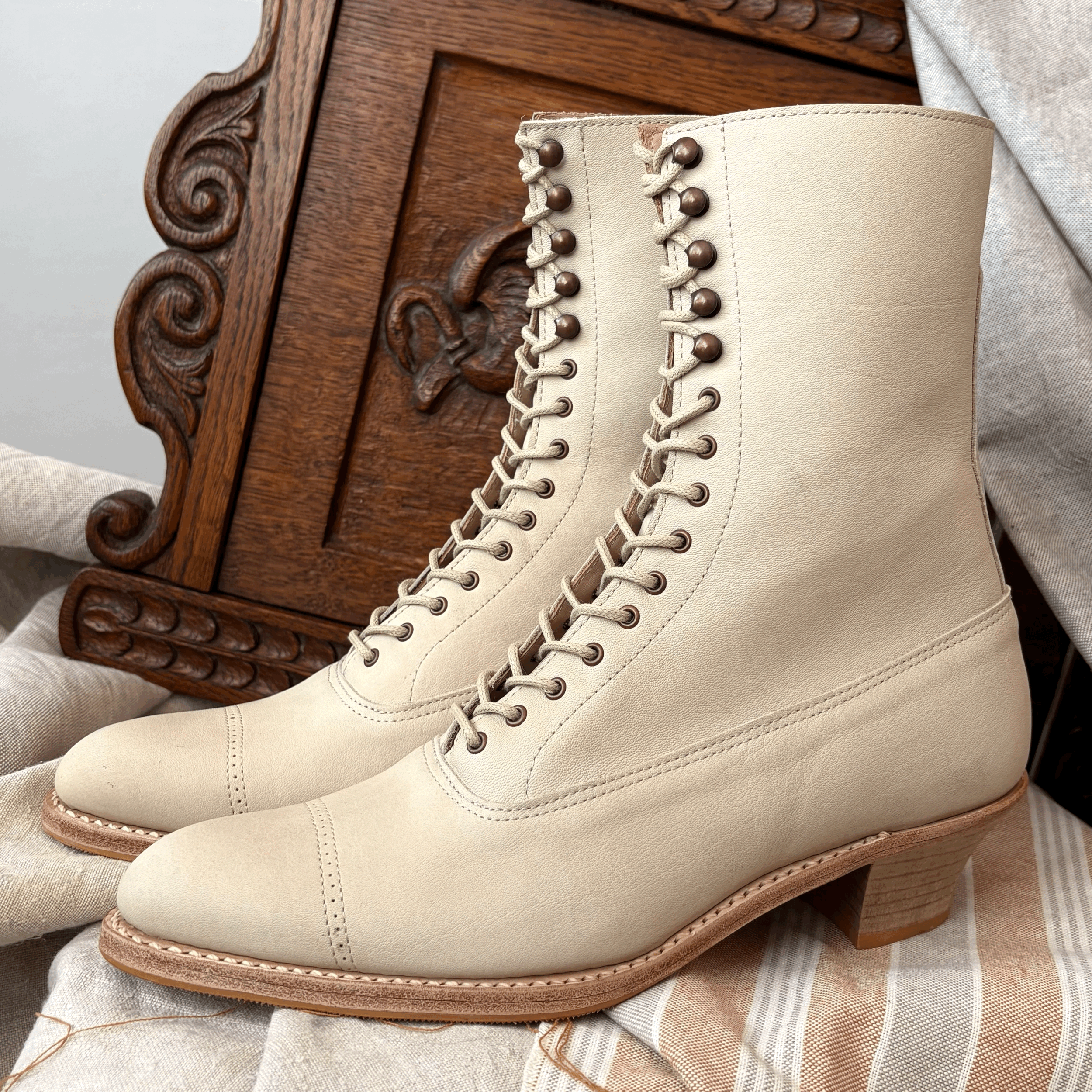 Stone Edwardian Pointy toe Lace up Boots with hooks