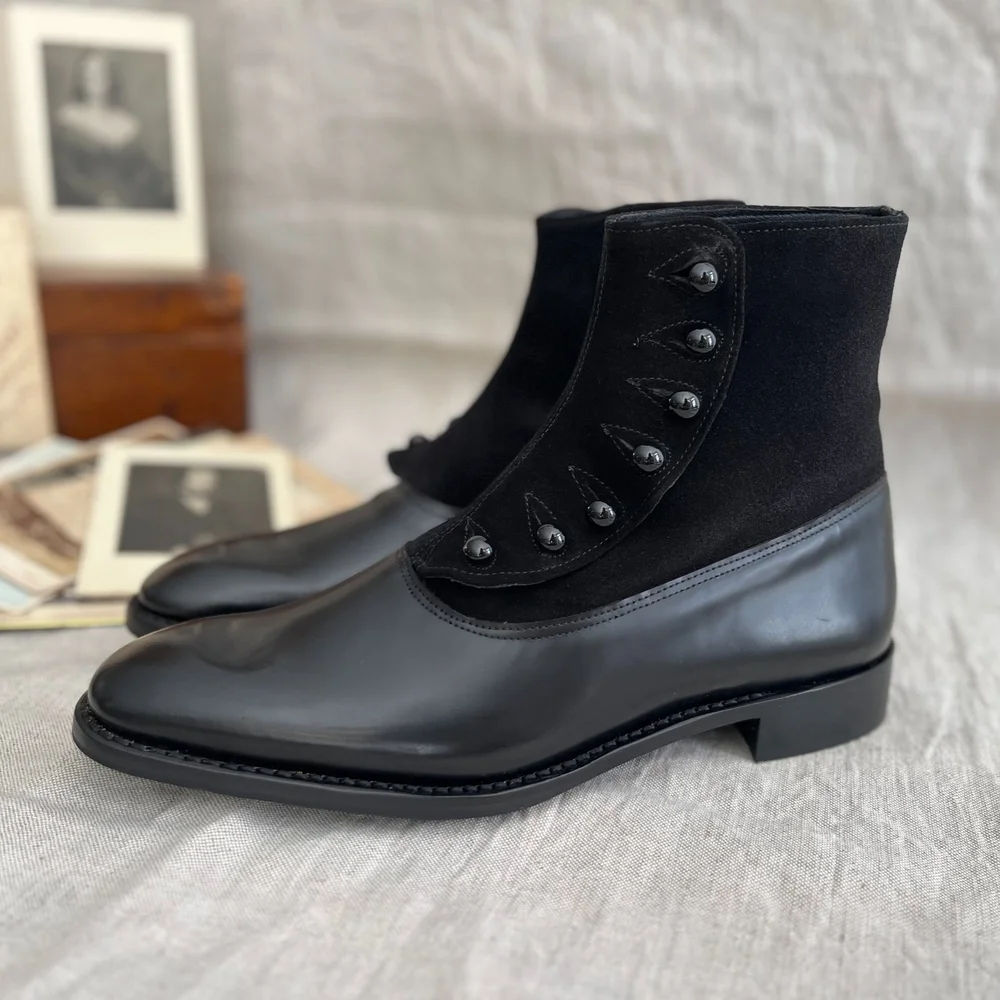 Plain toe black leather and suede Victorian Men's Button Boots