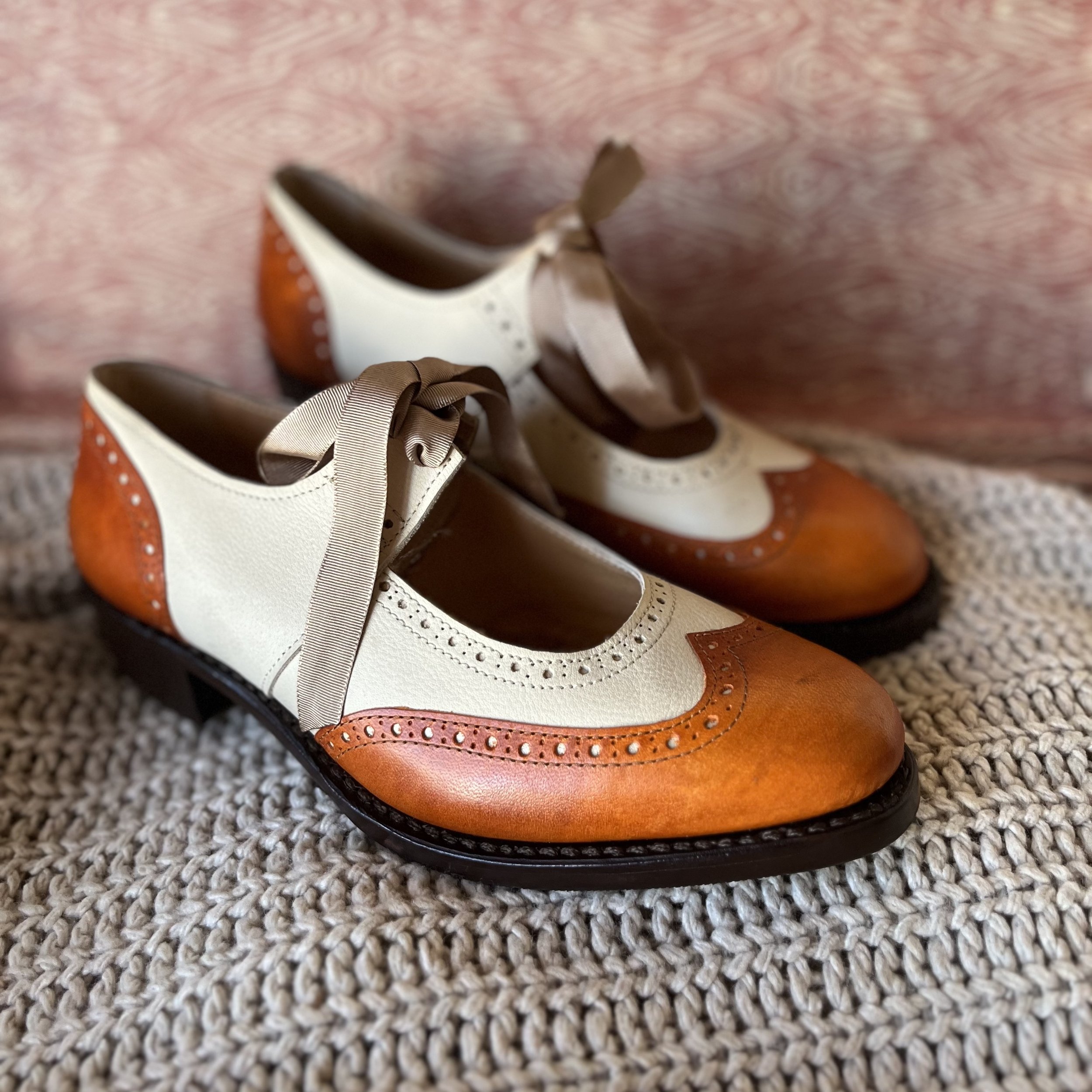 Two-Tone 1930s Mary Janes in Blood Orange & Stone
