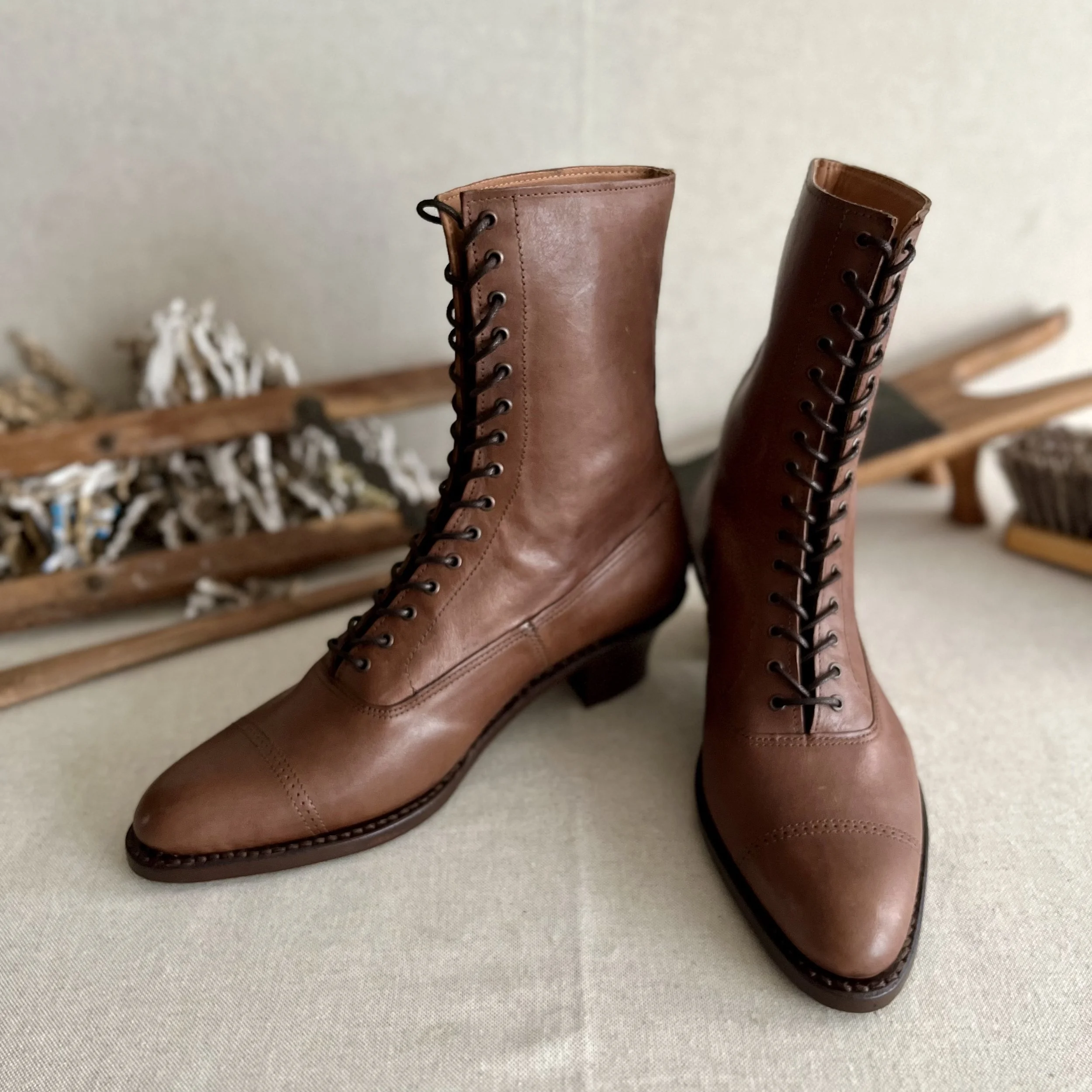 IMPERFECT BEAUTIES: Mid Brown Edwardian Pointy toe Lace up Boots