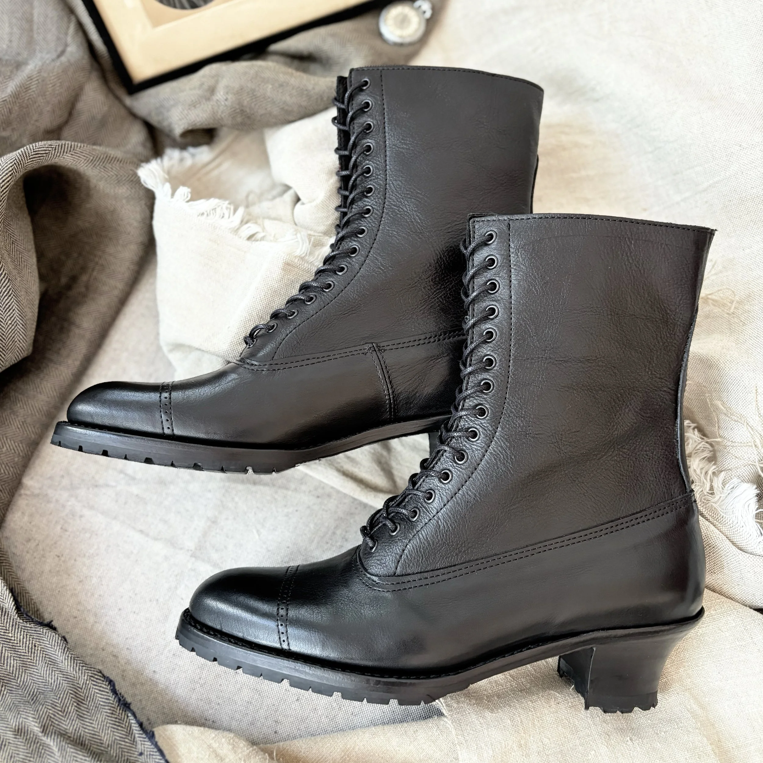 Jet Black Edwardian Pointy toe Lace up Boots with Vibram sole
