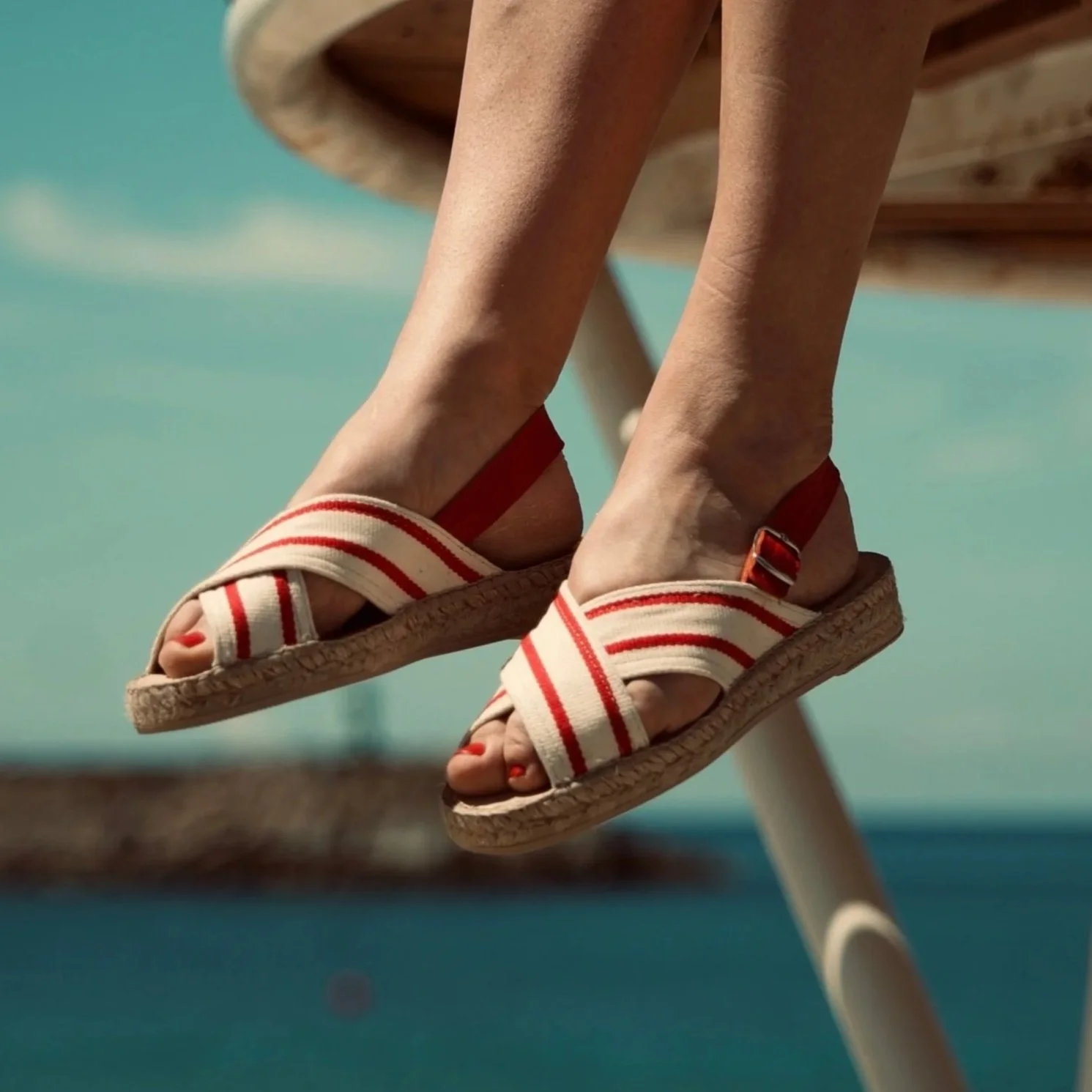 Red stripe sling back Espadrilles sandals