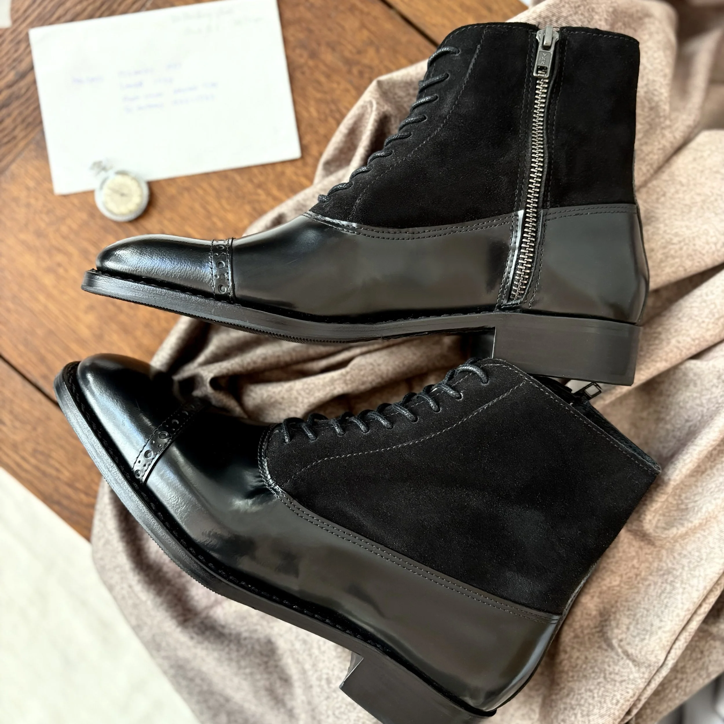 Zip up Black Leather & Black Suede Victorian Balmoral Lace Up Boots