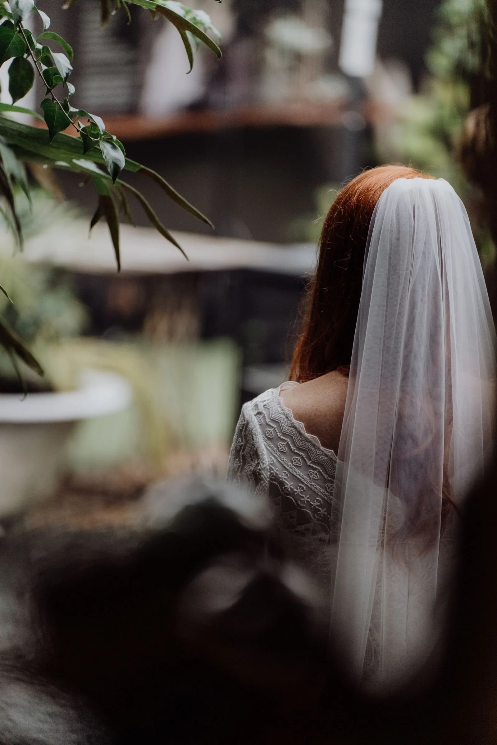 Bride with white veil from behind, a quiet bridal portrait moment before the Los Angeles wedding ceremony