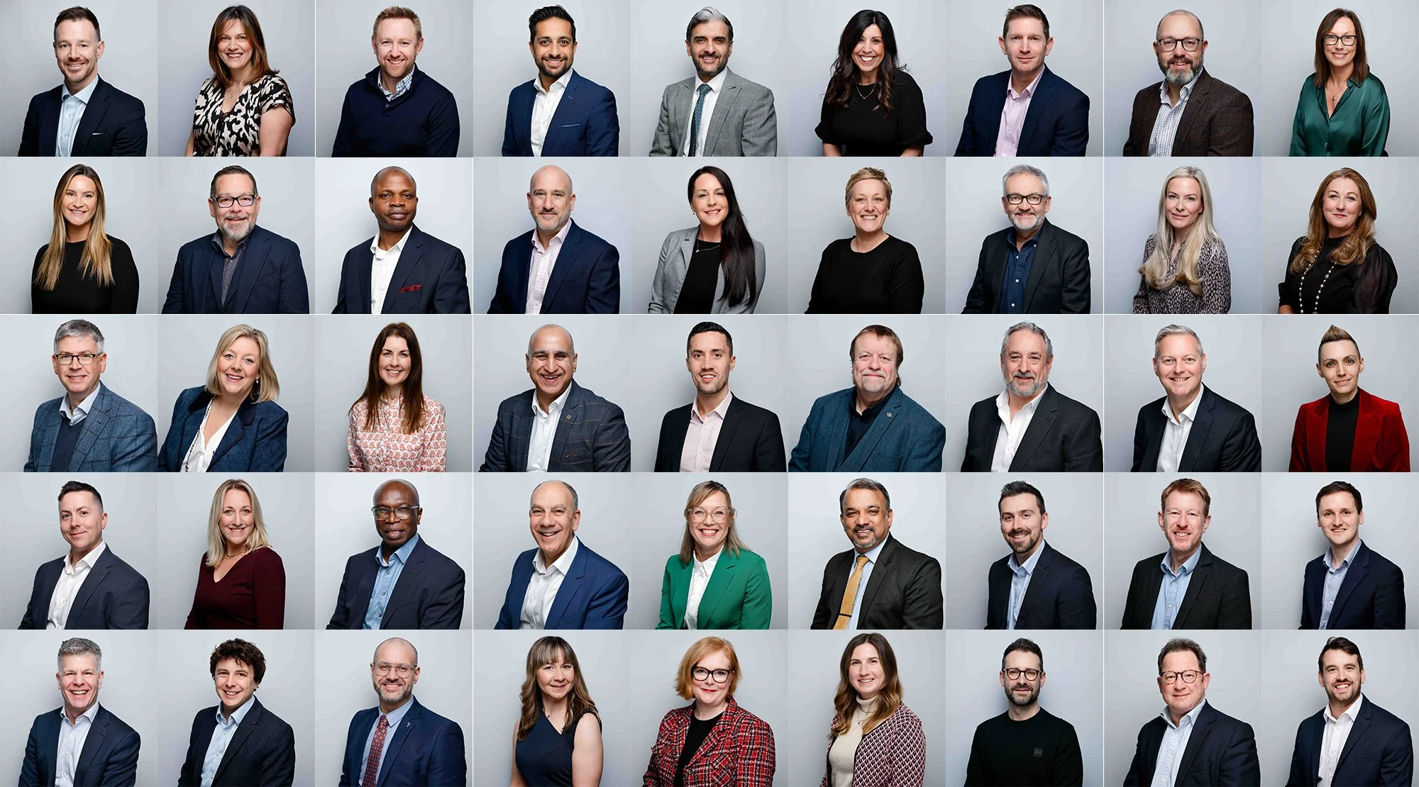 Grid collage of corporate headshots taken at a conference headshot booth, men and women in business attire photographed against a light gray studio backdrop