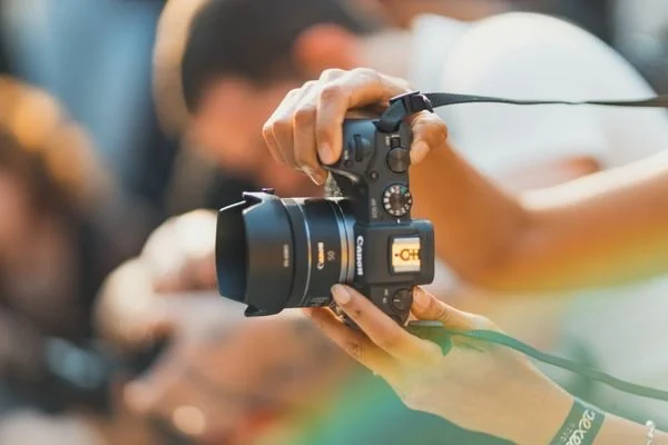 Close-up of a professional photographer's camera