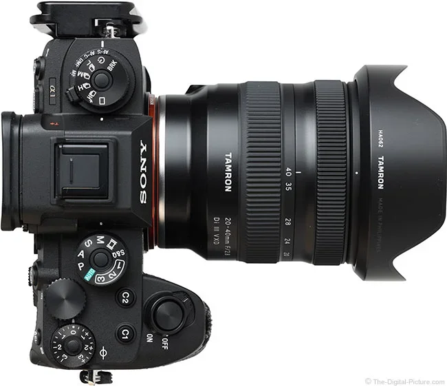 Tamron 20-40mm F2.8 Di III VXD lens viewed from above with hood attached