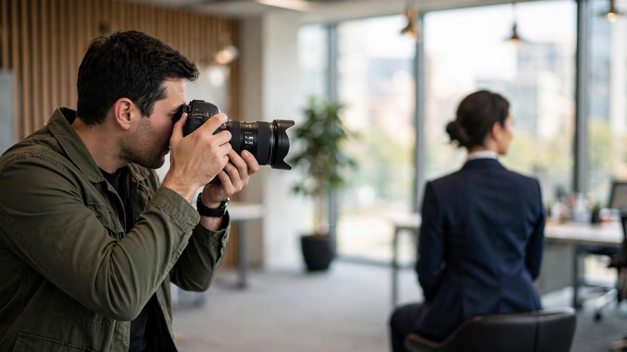 Photographer taking a corporate headshot of a businesswoman in an office setting