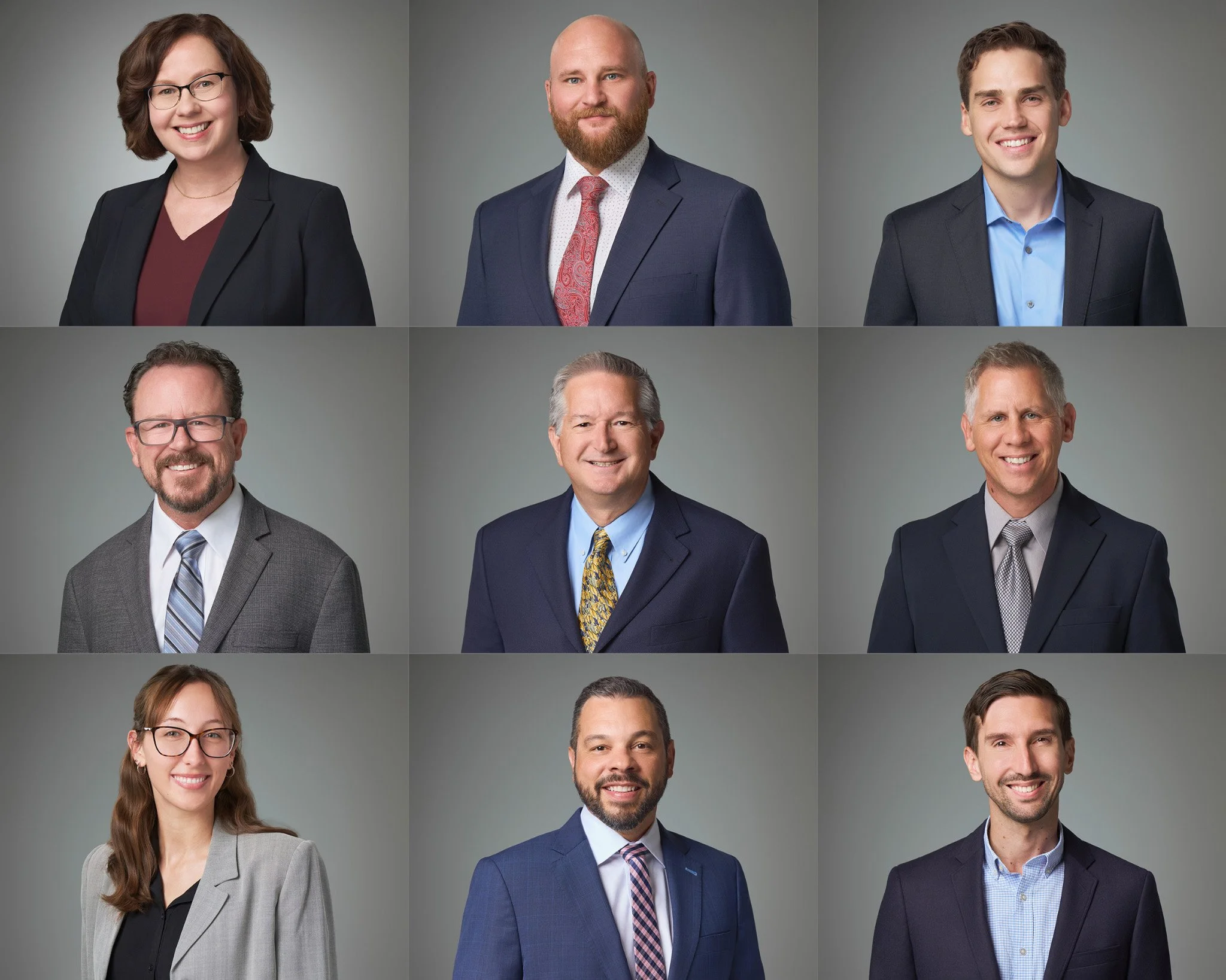 Collage of nine professional business portraits in a three by three grid, each person in a suit against a gray background with consistent lighting.