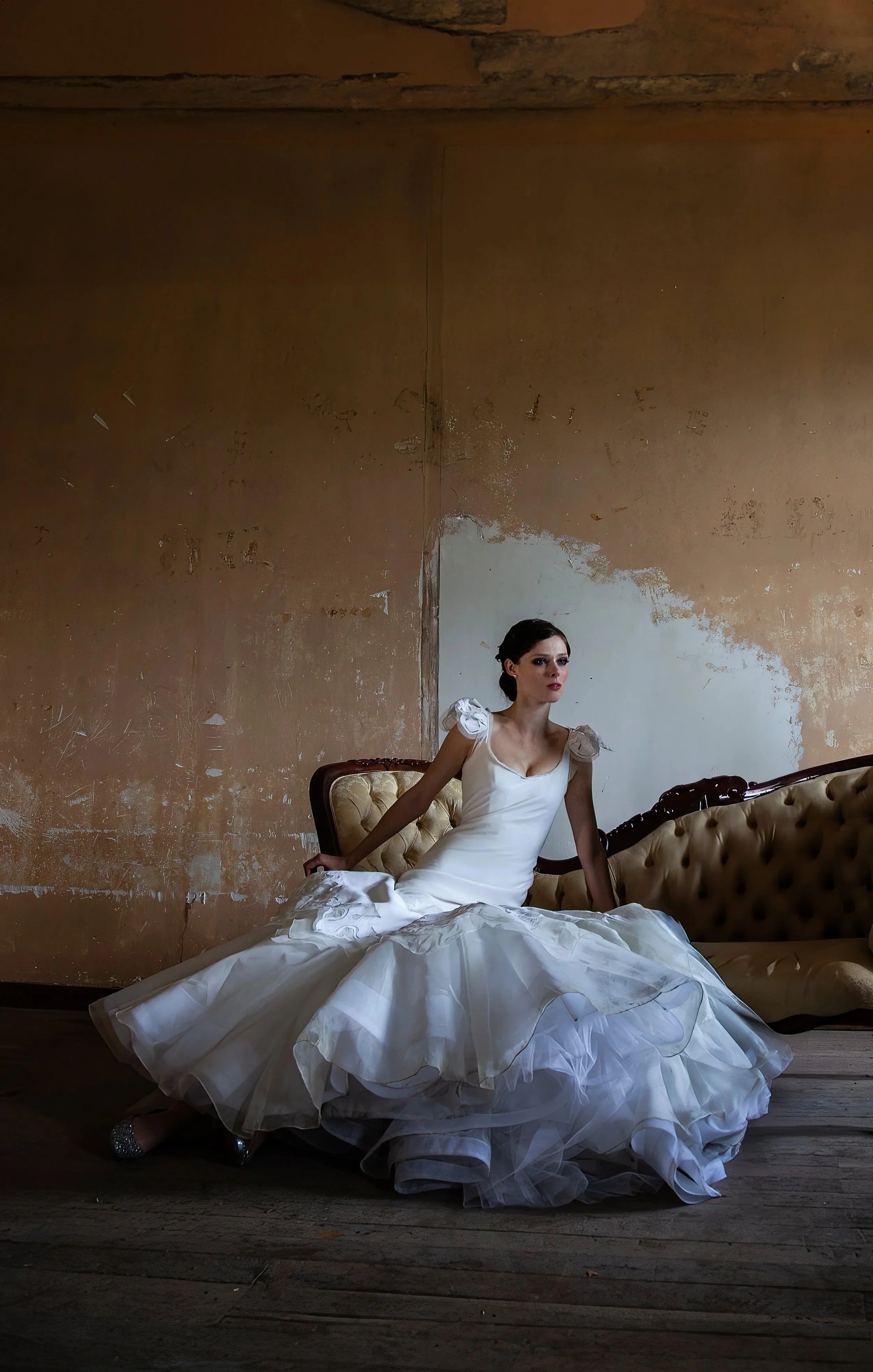 April Wilkner in a white Colleen Quen couture gown, photographed by David Christopher Lee at Colleen Quen's atelier in San Francisco