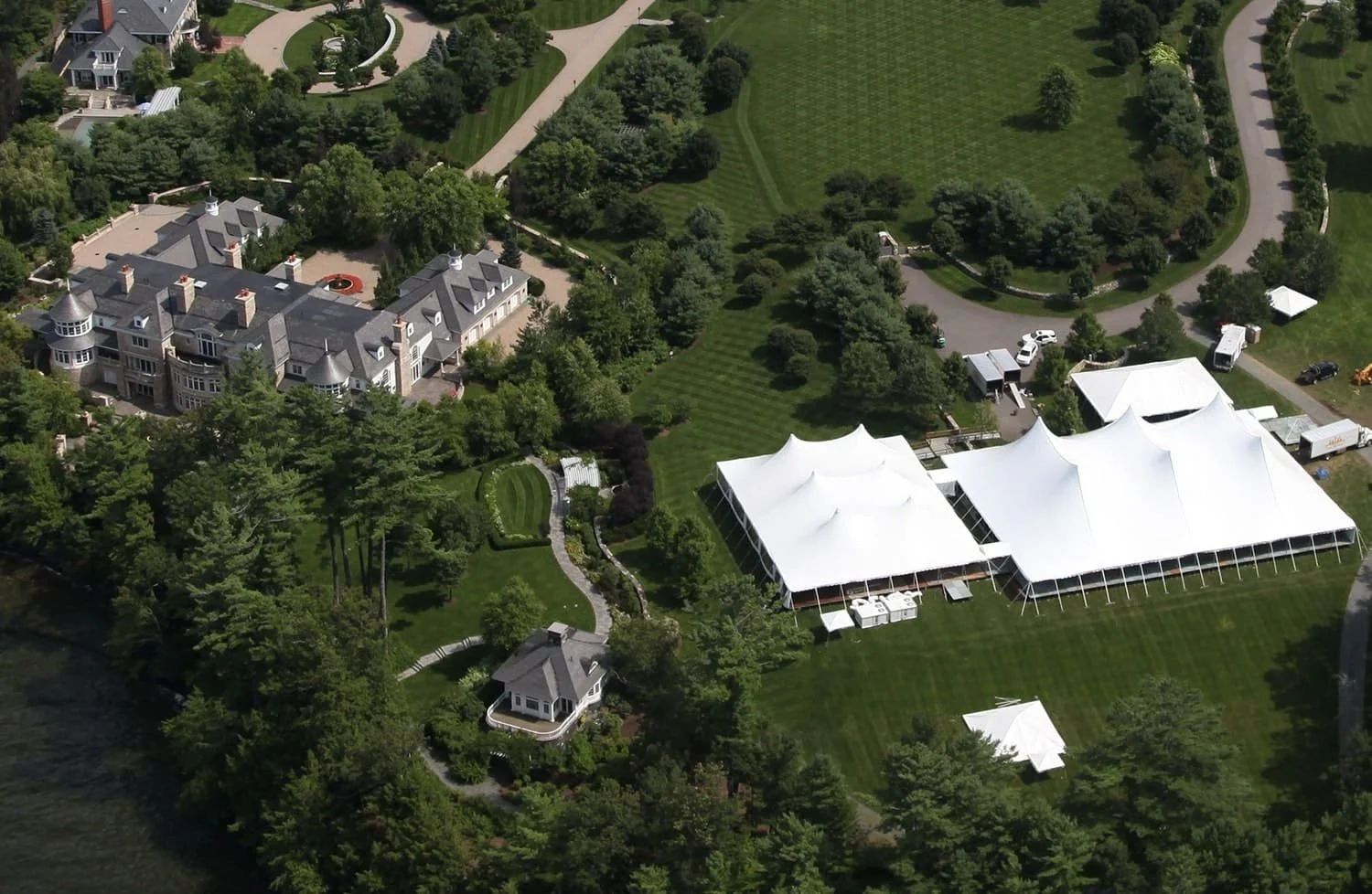 Corporate event venue with sailcloth tents photographed from above
