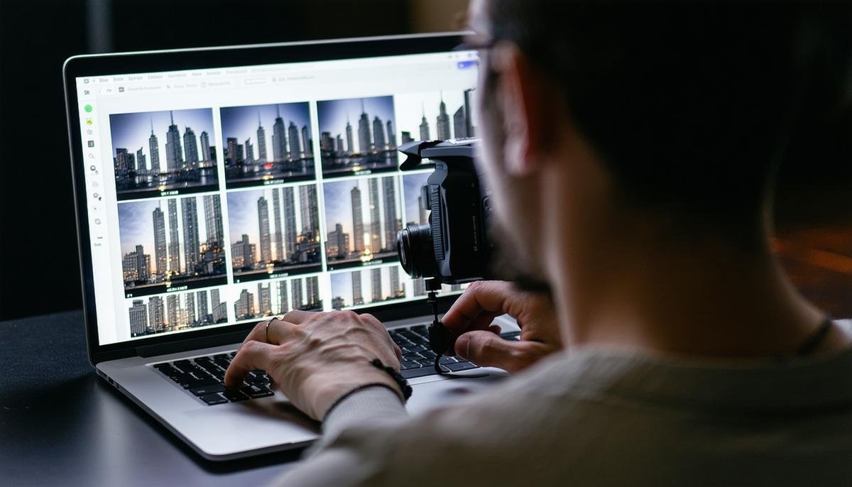 Photographer reviewing a grid of edited cityscape photos on a laptop during post-production
