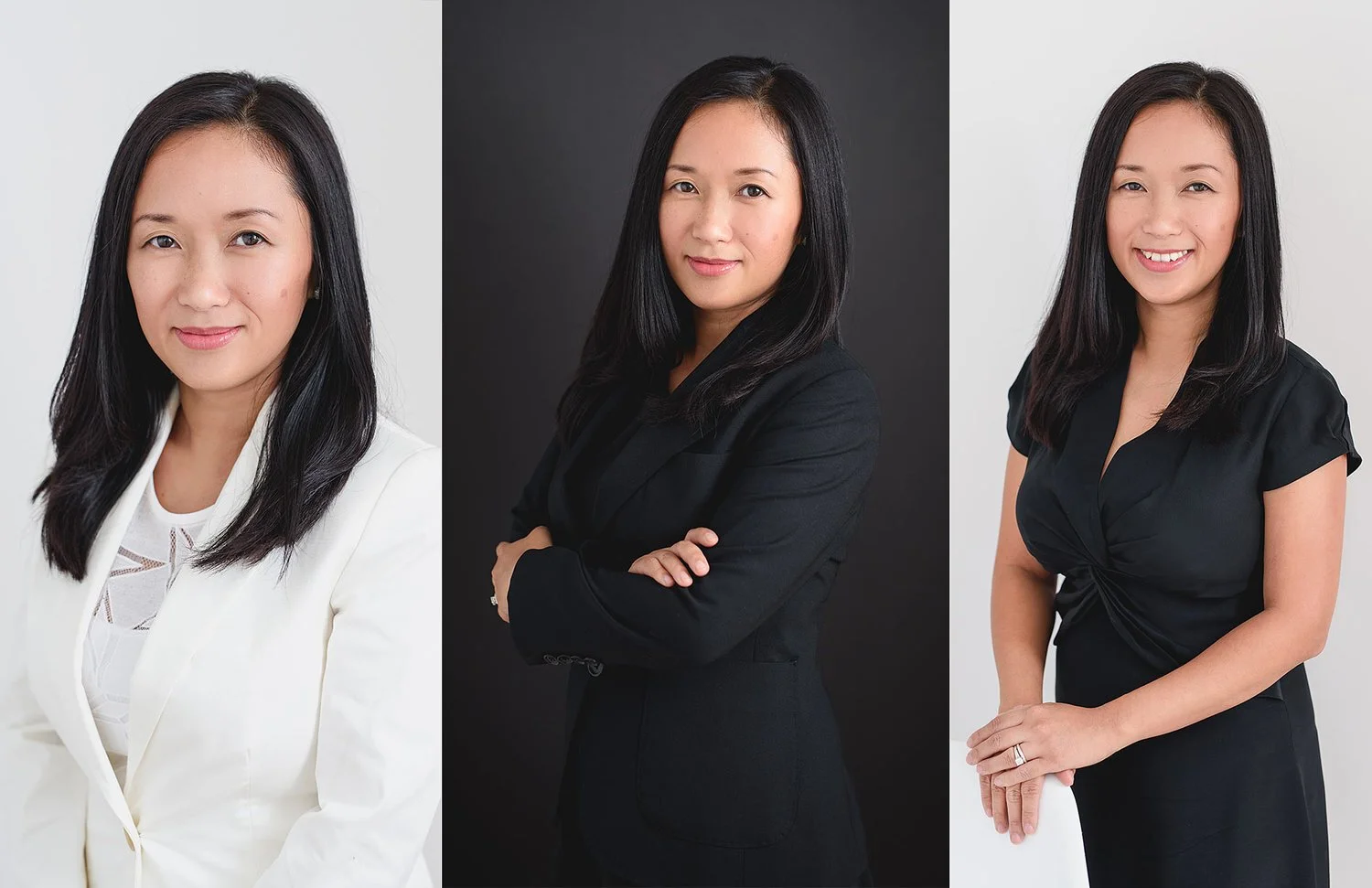 Triptych of a professional woman posing in three headshot wardrobe options, a white blazer, a black blazer, and a black dress, on studio backgrounds