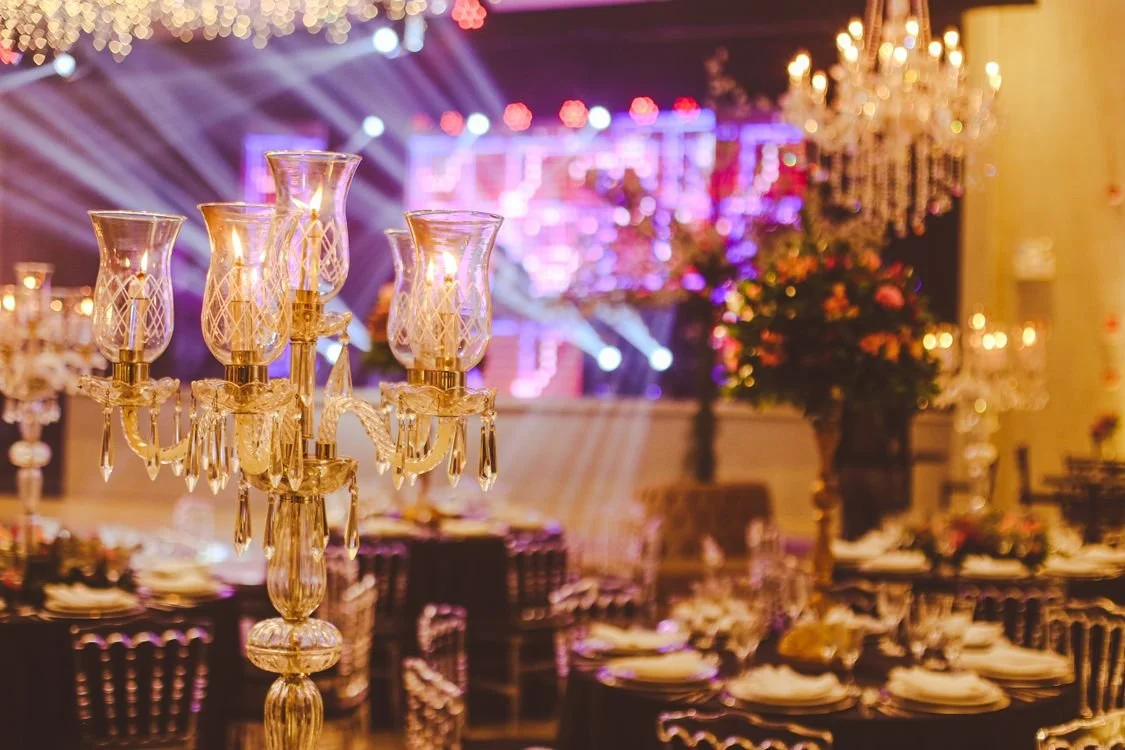 Elegant ballroom with crystal decorations prepared for a Los Angeles gala