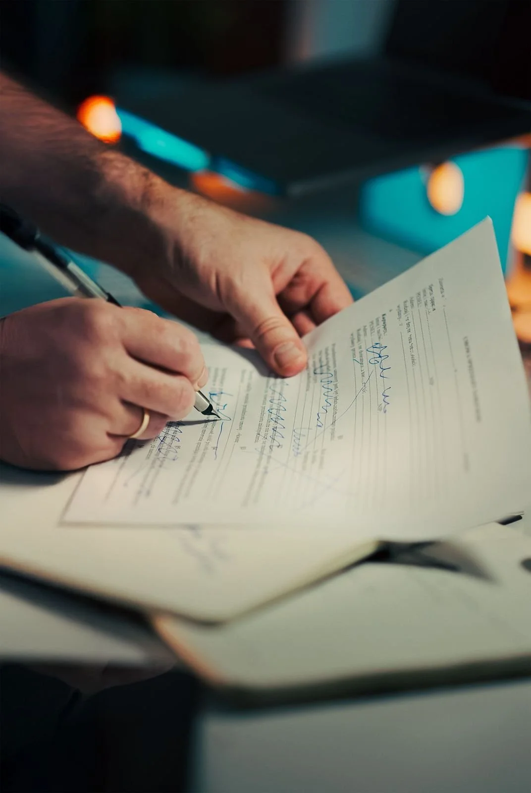 Hands signing a photography licensing agreement, written license terms protect photographers