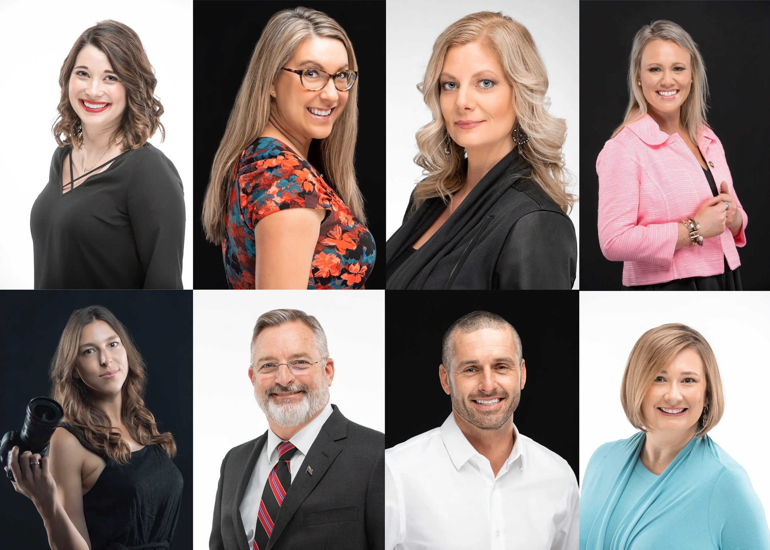 Collage of eight professional studio headshots of men and women in business attire against black and white backgrounds