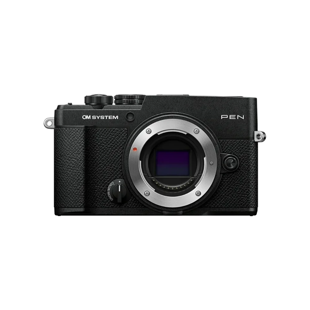 OM SYSTEM PEN mirrorless camera in black, front view, official product photo