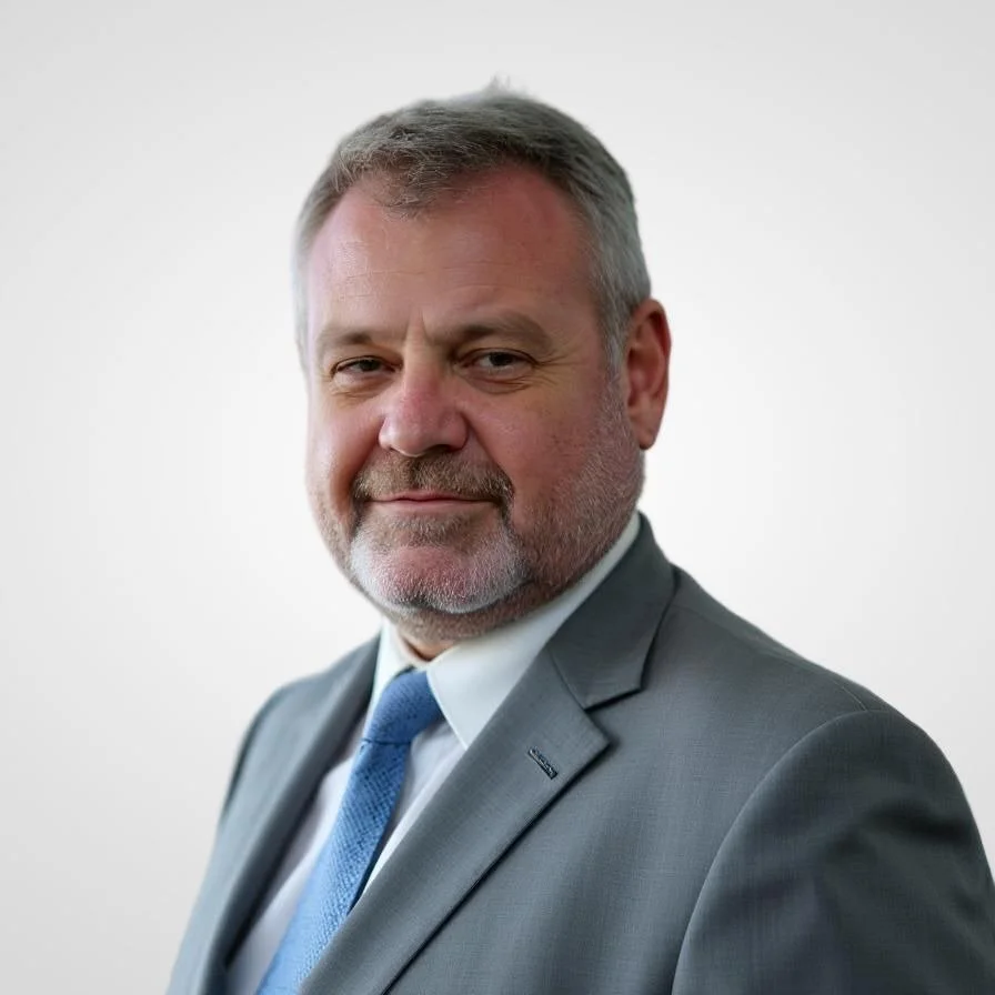 Executive headshot of a man in a grey suit against a studio background