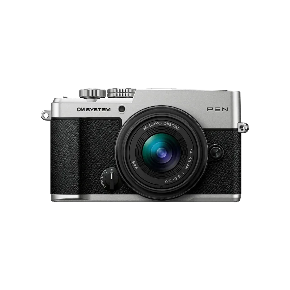 OM SYSTEM PEN silver body with the new M.Zuiko 14-42mm F3.5-5.6 III kit lens, official product photo