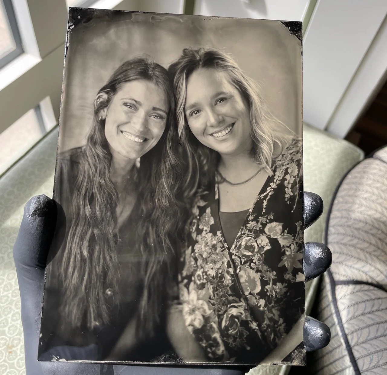 tintype portrait of two smiling friends in Nashville
