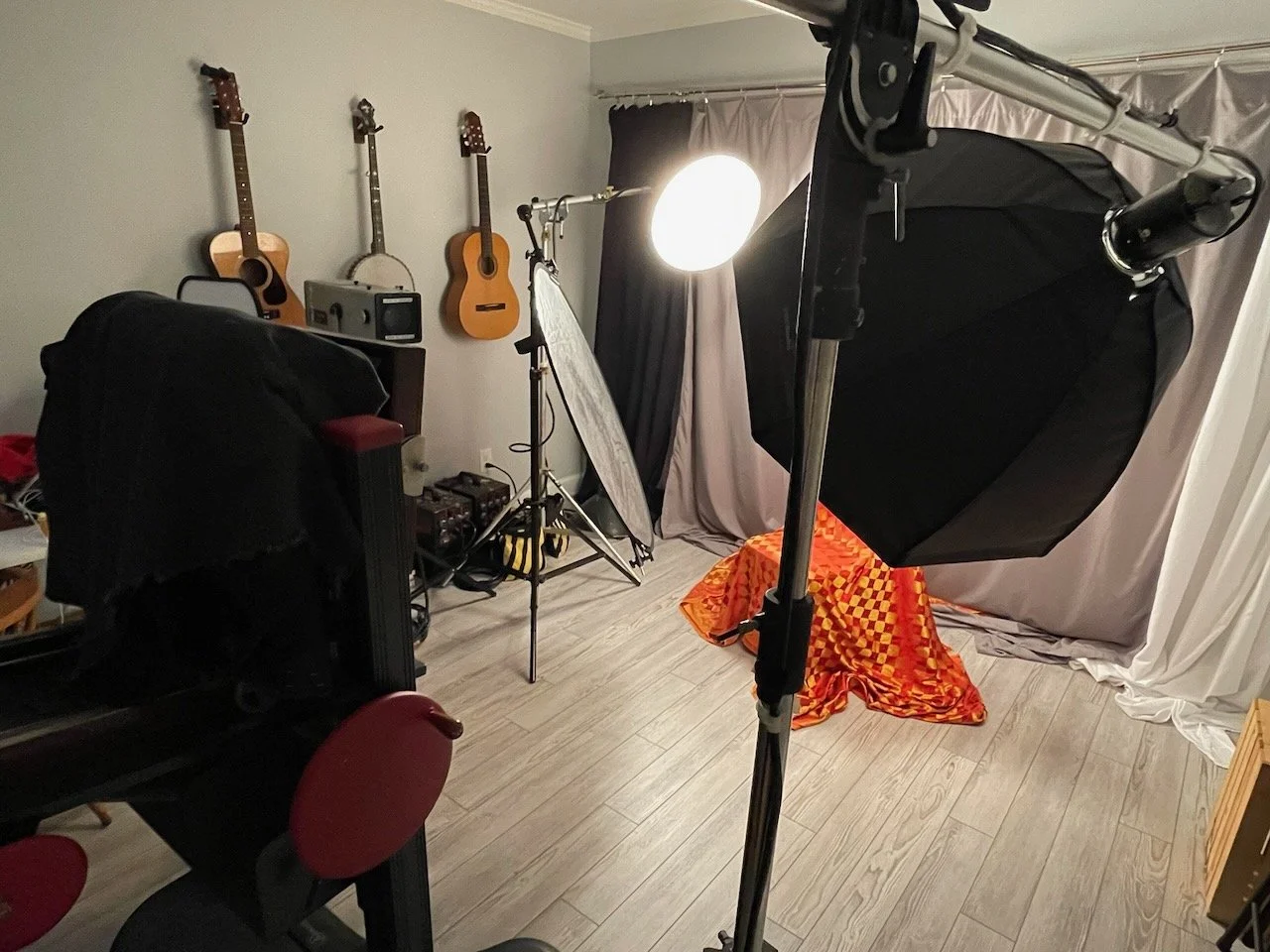 Blake Wylie's tintype portrait studio in Franklin, Tennessee, with studio lighting and backdrop