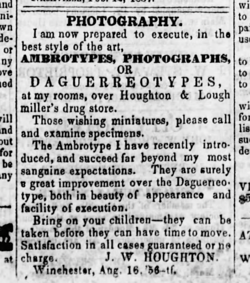 A 19th-century photographer's advertisement from the 1850s promoting ambrotypes as superior to daguerreotypes