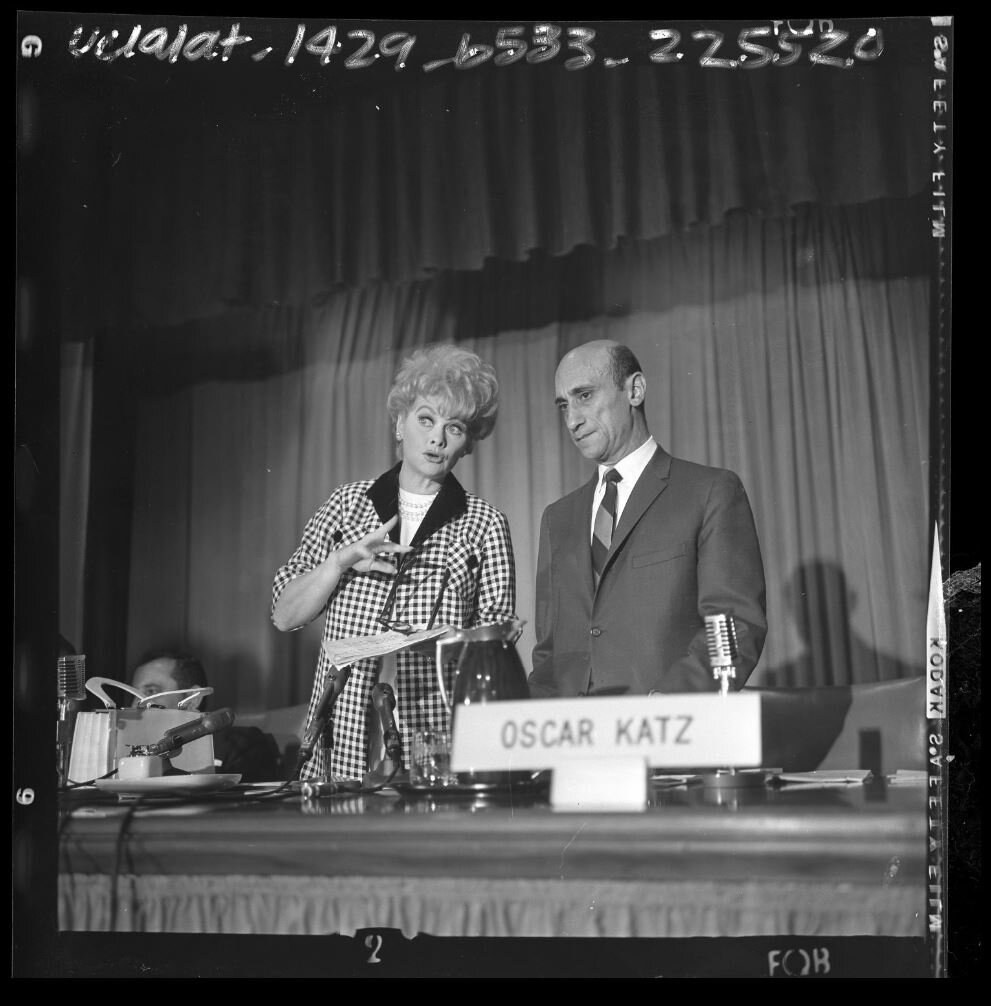 President Lucille Ball &amp; Executive Vice President in Charge of Production, Oscar Katz at the August 18, 1964 Desilu Board Meeting. (Los Angeles Times Photographs Collection, UCLA)