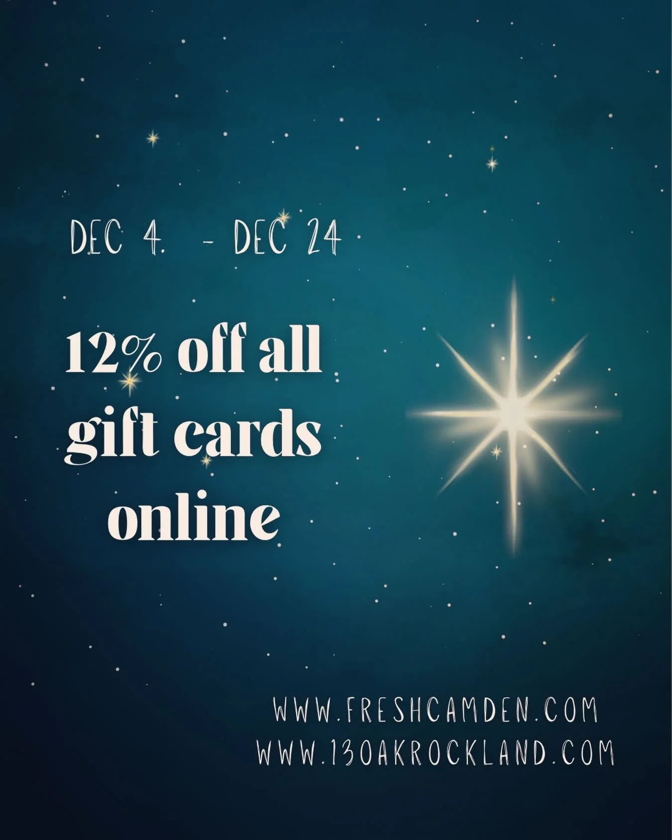 For our 12th year we would like to celebrate with you and offer 12% OFF ALL GIFT CARDS starting today till December 24th!
www.freshcamden.com
www.13oakrockland.com

#giftideas 
#camdenmaine 
#rocklandmaine 
#happybirthday 
#tistheseasontobejolly 
#ma