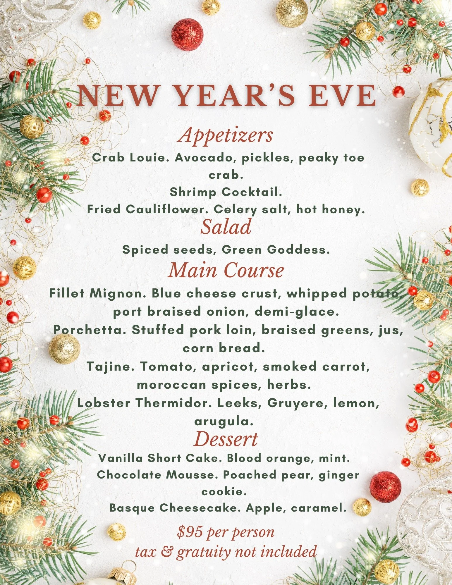 Here is our New Year's Eve menu! It will be fun! Book your spot now! #newyearseve #newyeareve #partytime #partyparty