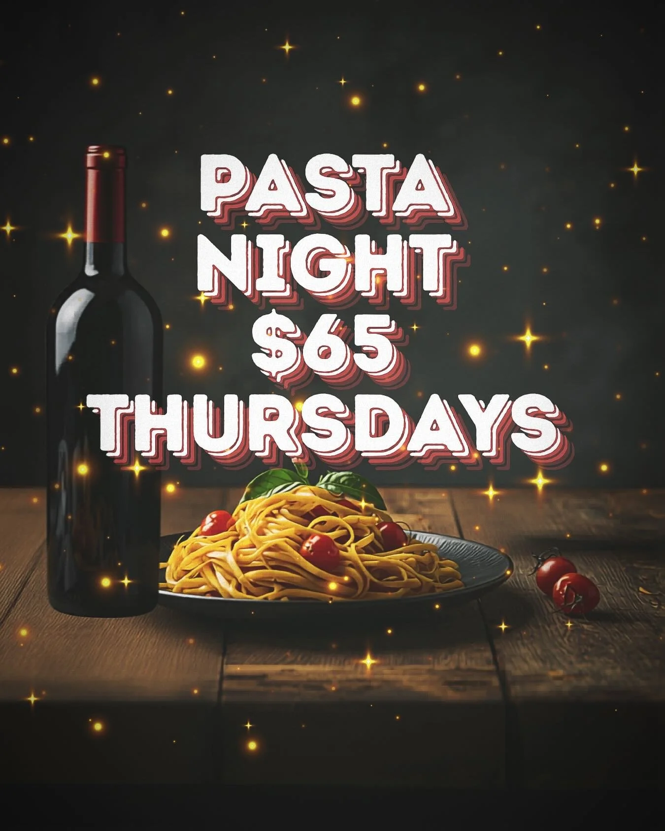 2 rigatoni ala vodka + 2 side salads + bottle wine =$65
Every Thursday through May