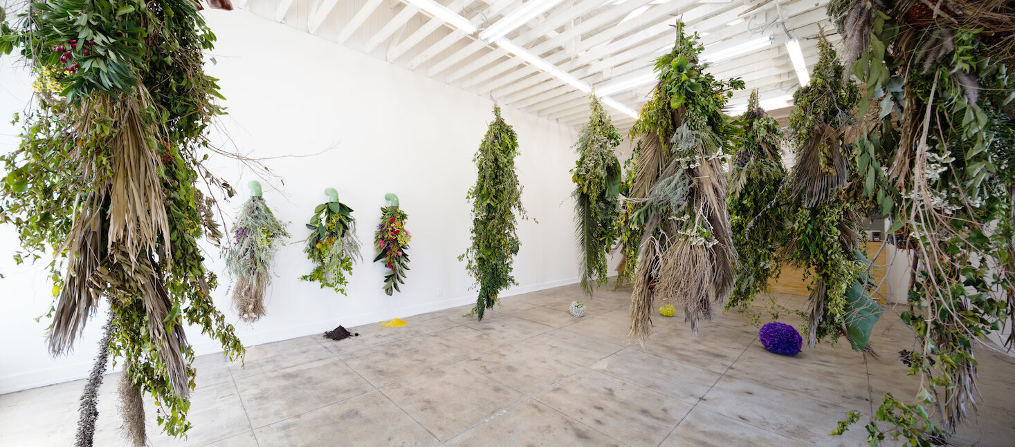  Polleo Alluve is an installation comprised of locally harvested tree trimmings to create a unique hanging garden. Throughout the exhibit, the semi-permanent installation is designed to dry and wilt. The botanical compositions are reminiscent of stru