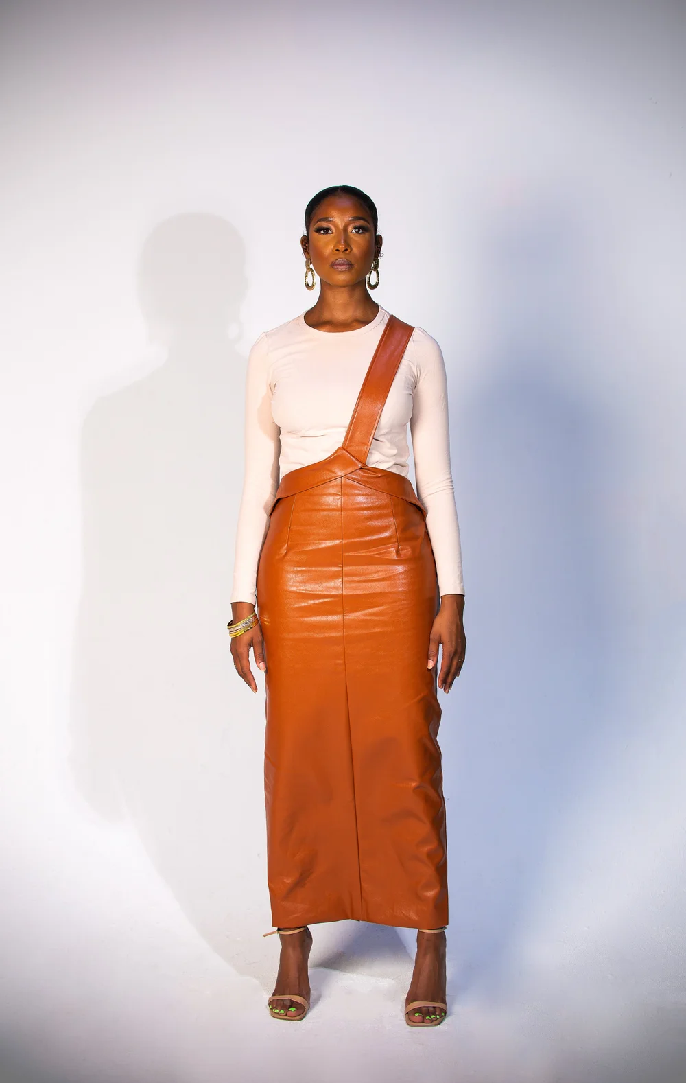 Ezra Leather Overall Skirt- Brown  Trs Belle Prints | Luxury Modest Fashion