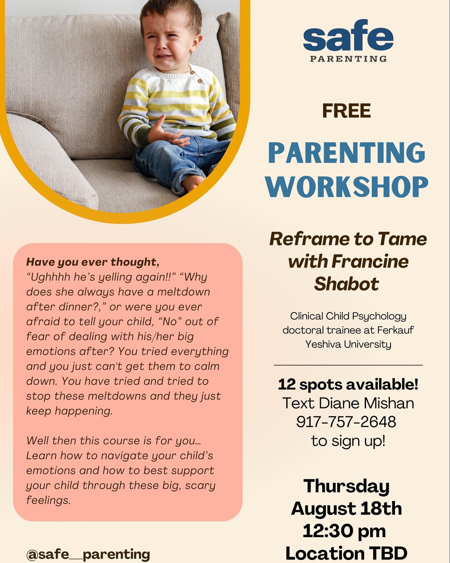 This Thursday -Sign up asap!
 Only a few spots left! 

Toddler moms or moms with young kids jump on this amazing opportunity for a free parenting workshop of advice / tips on dealing with this complex age! 

Info to sign up on flyer!