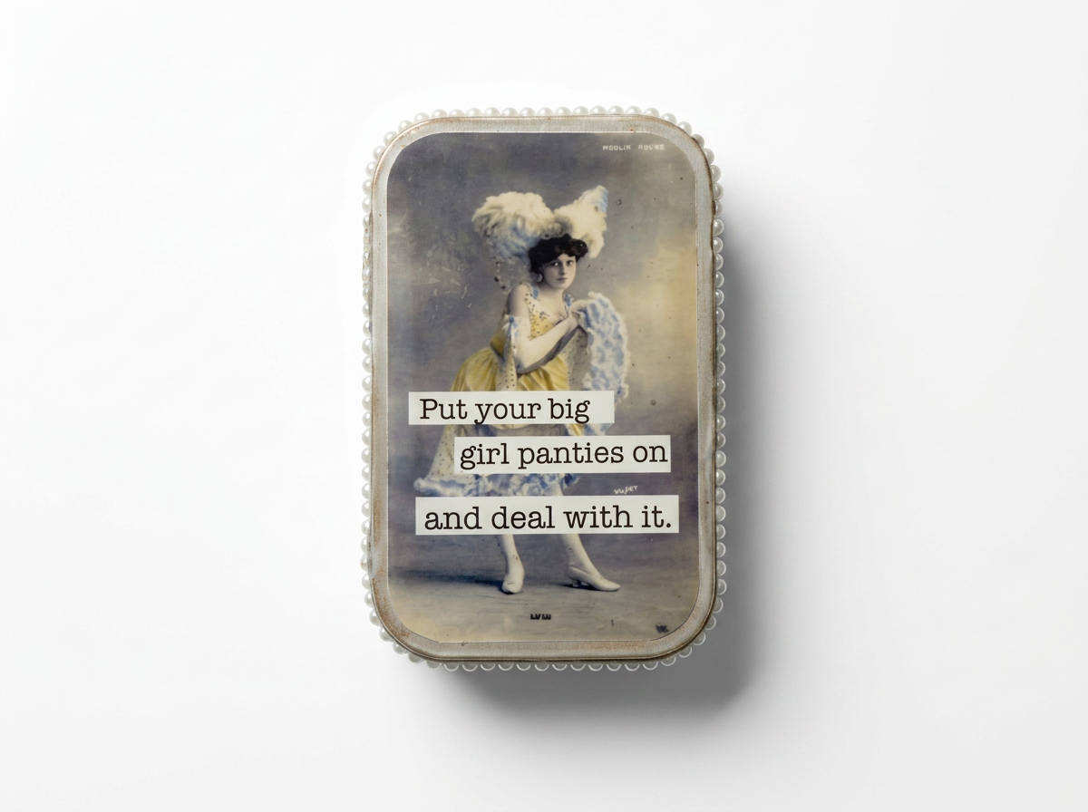Trinket / Pill box - recycled tin - snarky - Big girl panties - pearl