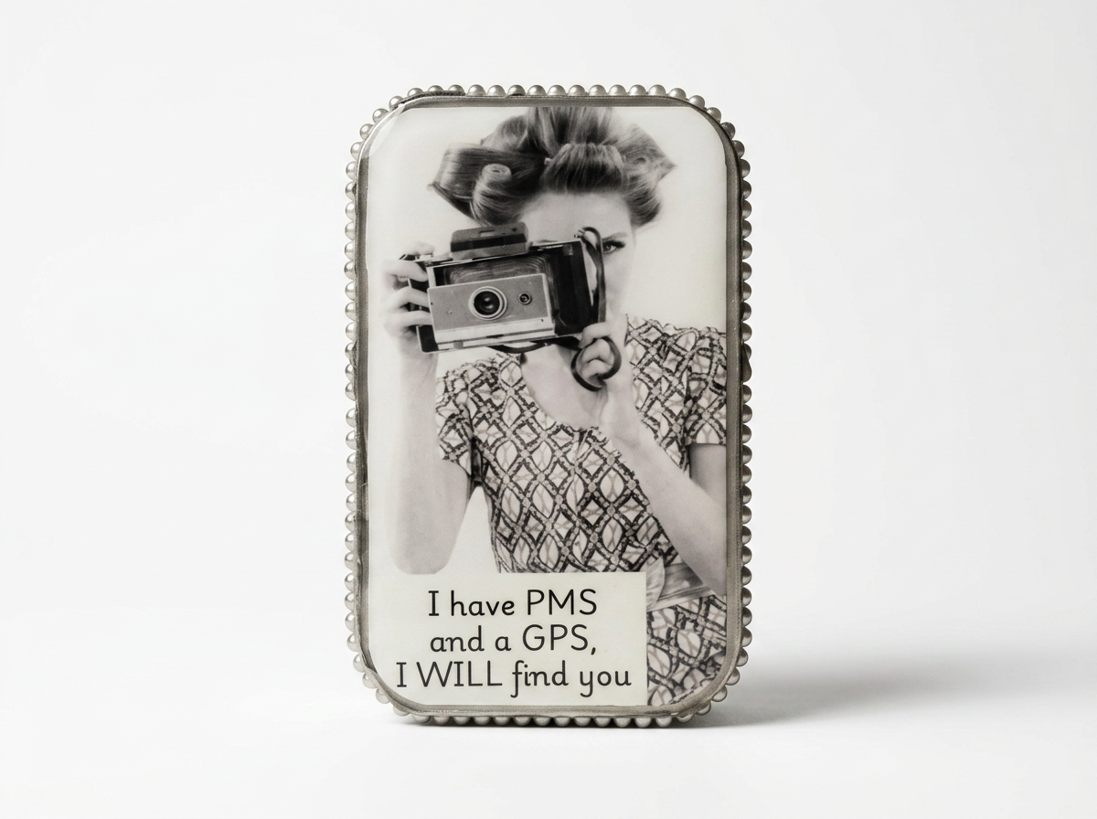 Trinket / Pill box - recycled tin - snarky - PMS GPS - pearl