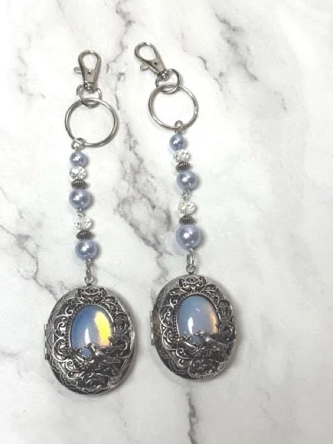 Purse charm from up-cycled jewelry - handmade recycled bag charm - one of a kind, locket, opal like, bird motif