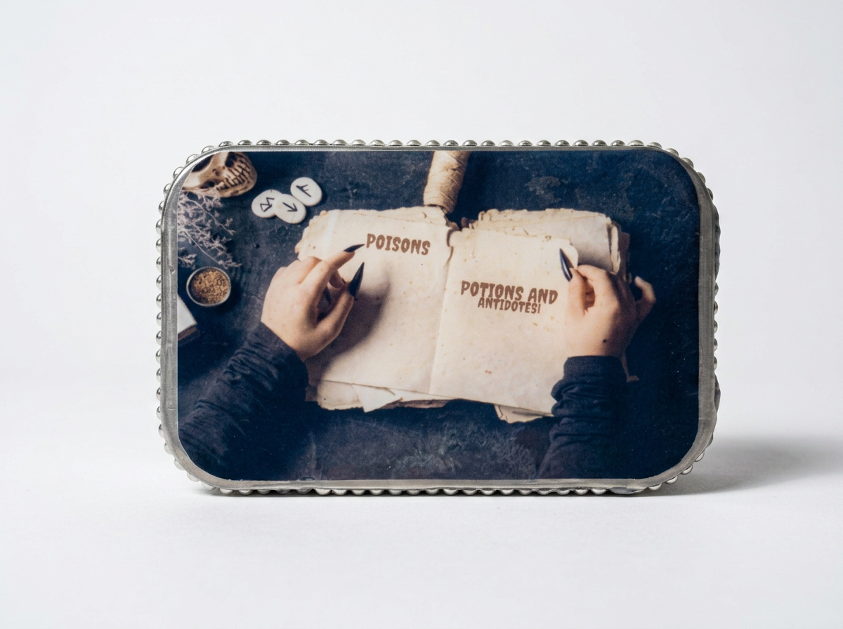 Trinket / Pill box - recycled tin - snarky - poisons, potions antidotes - bling