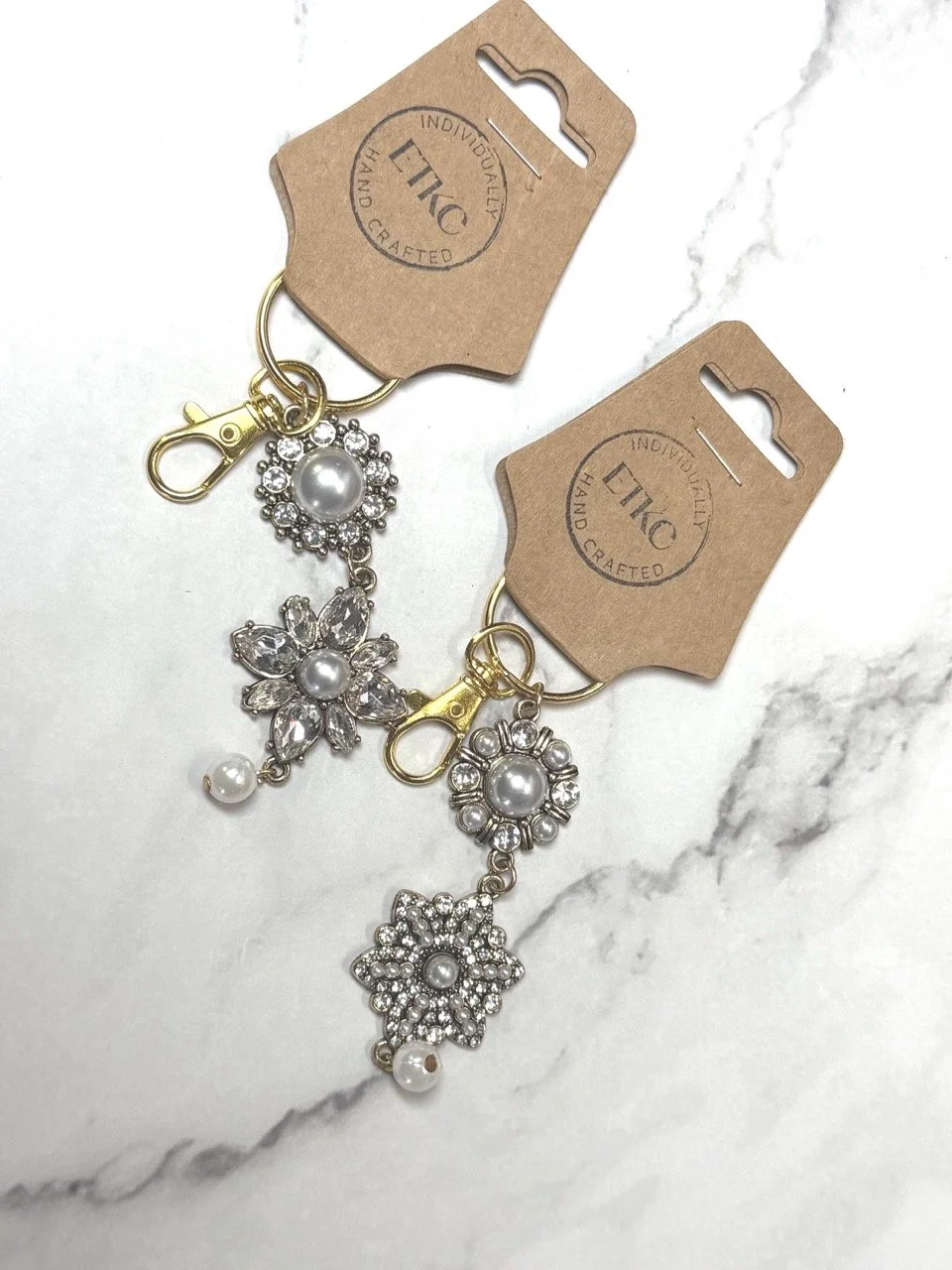 Purse charm from up-cycled jewelry - handmade recycled bag charm - one of a kind, gold, pearl and rhinestone design