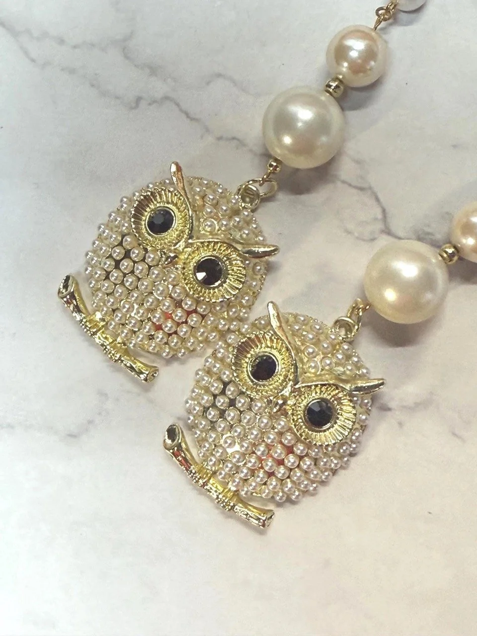 Purse charm from up-cycled jewelry - handmade recycled bag charm - one of a kind, pearl owl