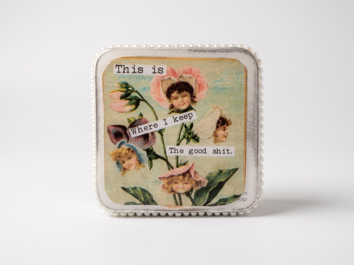 Trinket / Pill box - recycled tin - snarky - this is where i keep the good shit - pearl
