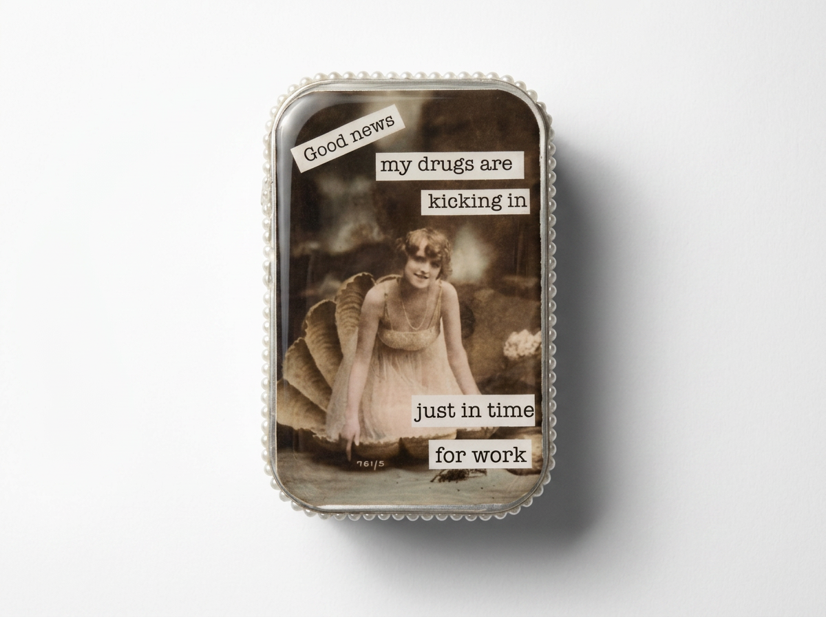 Trinket / Pill box - recycled tin - snarky - good news - pearl