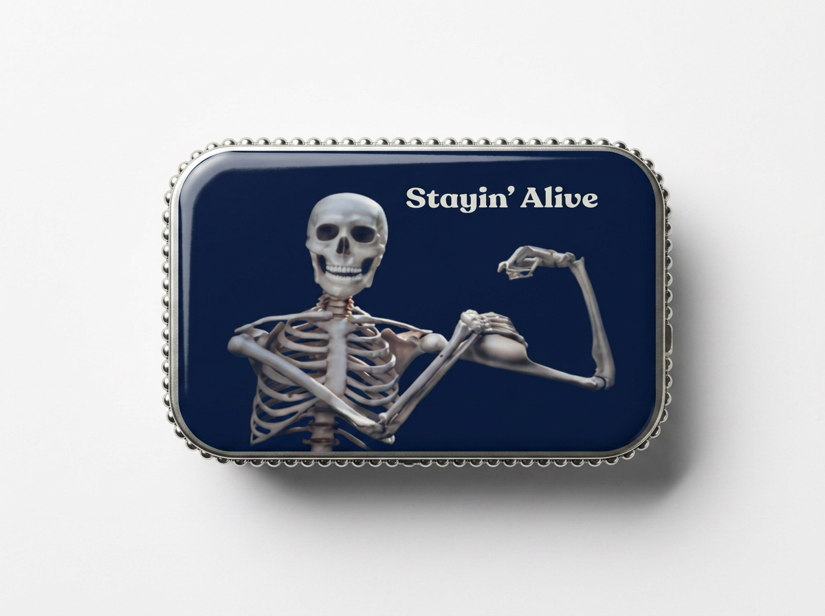 Trinket / Pill box - recycled tin - snarky - stayin alive - bling