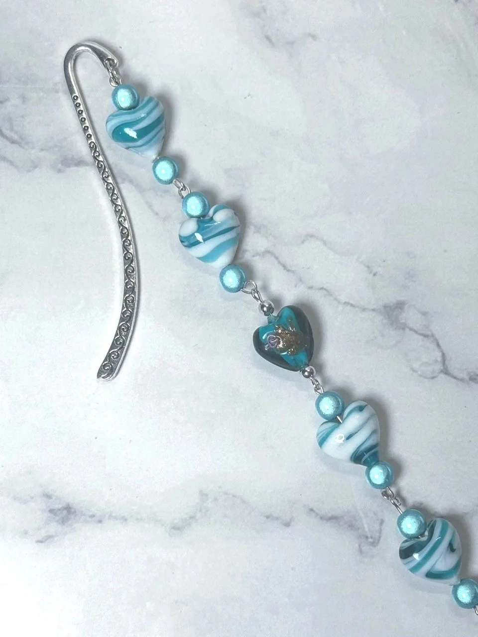 Upcycled Jewelry Beaded Bookmark Blue swirl floral